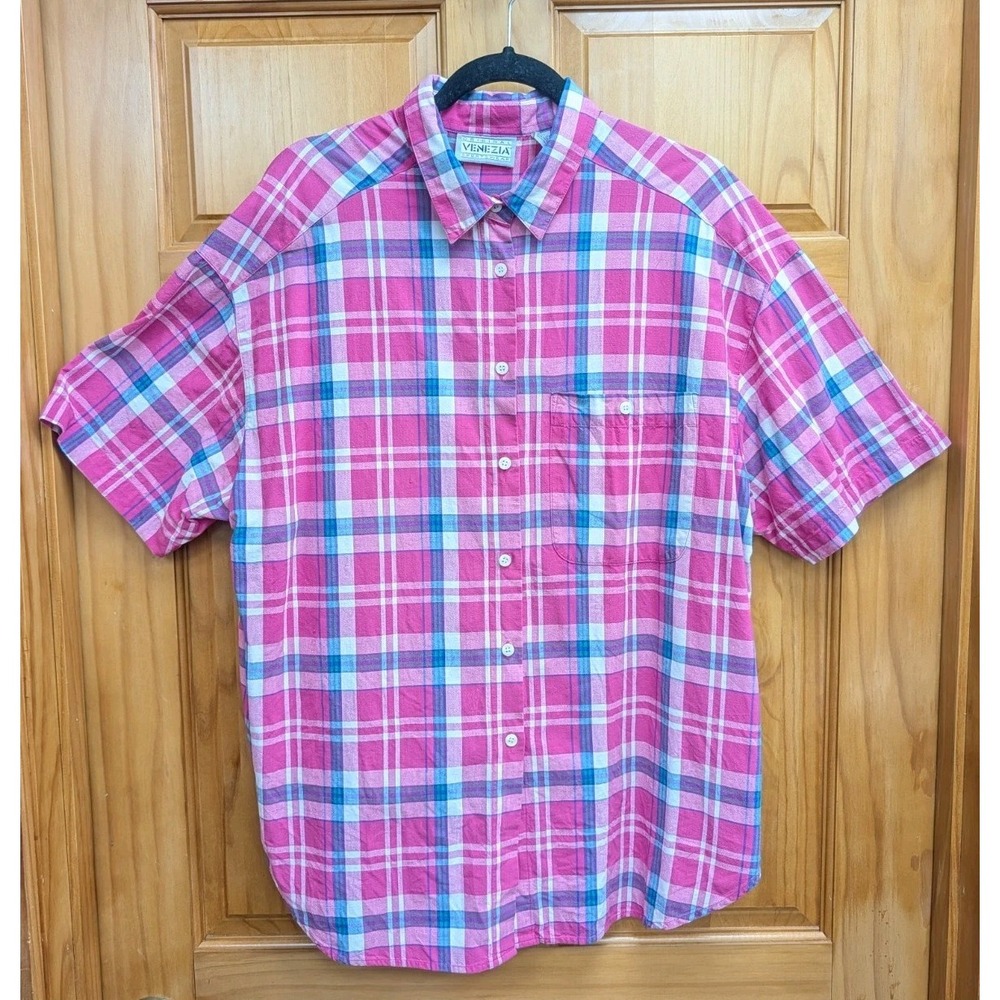 Original Venezia Sportswear Women Blouse 18/20 Button-Down Front Pink Plaid Top